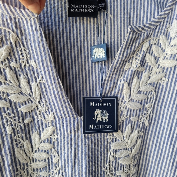 MADISON MATHEWS  Blue White Striped Embroidered Tunic L Cotton 3/4 Sleeves RARE - Picture 9 of 11